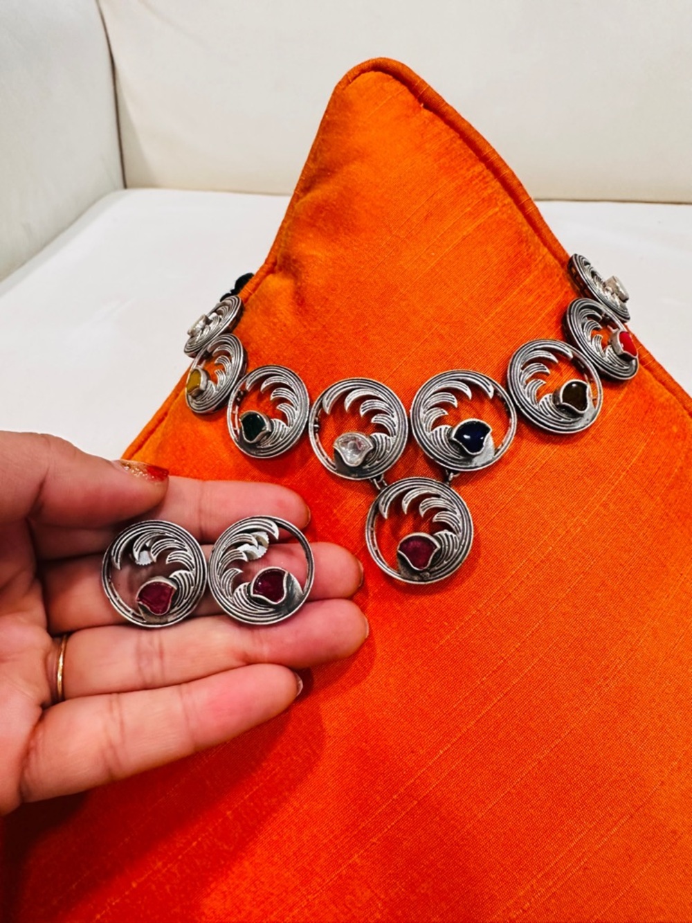 Silver-Tone Circular Wave Necklace & Earrings Set with Multicolor Gem Accents